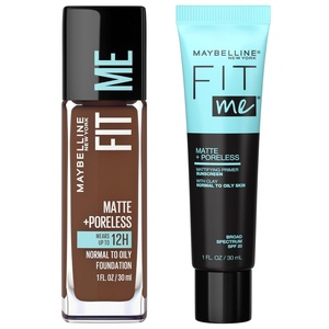 Maybelline Fit Me Matte + Poreless Mattifying Face Primer Makeup With Sunscreen, Broad Spectrum SPF 20, 16HR Wear, Shine Control, Clear, 1 Count(Primer & Java Foundation Bundle)